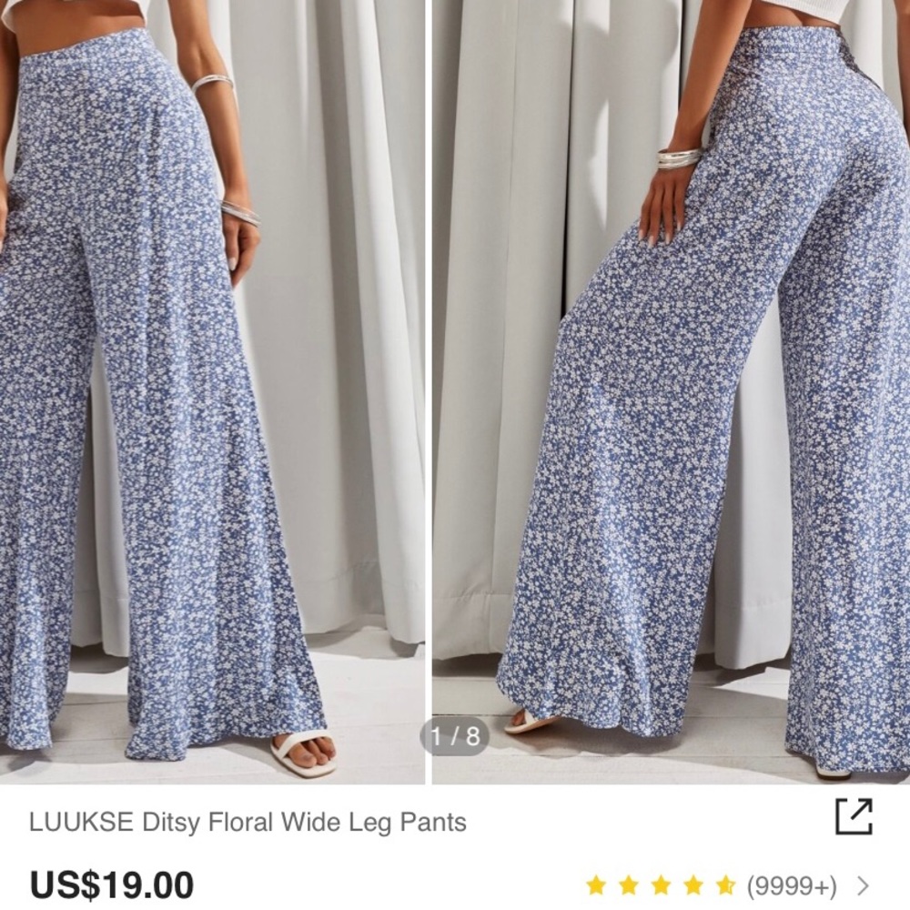 LUUKSE ditsy floral wide leg pants, Size: S, Blue/White